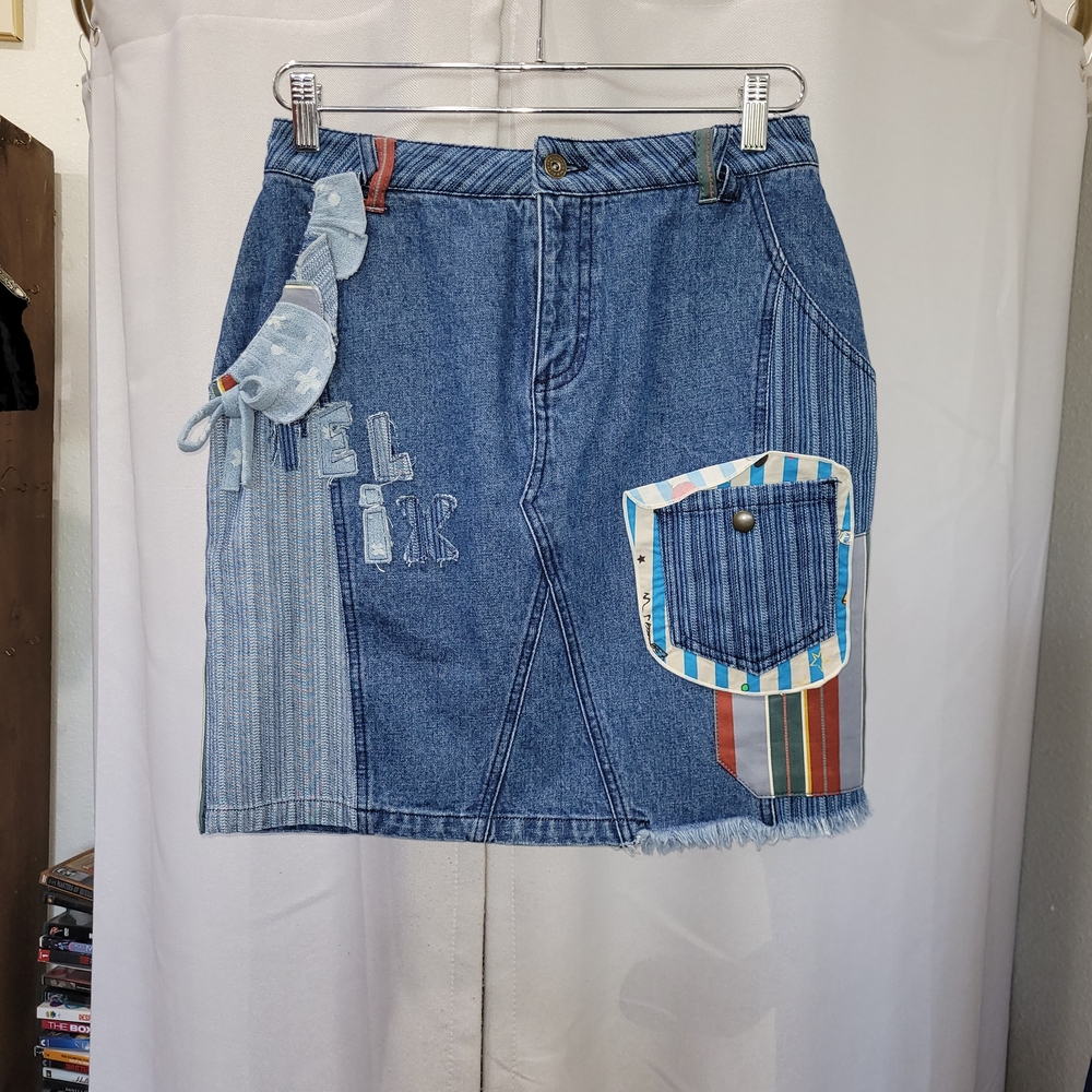 Denim Patchwork Skirt with Striped Accents